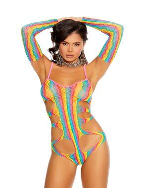 Rainbow Crochet Cutout Teddy Lingerie Set with Gloves